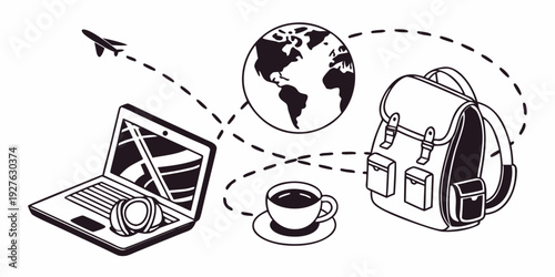 A person using a laptop, tablet, and smartphone connected to a global network. Vector