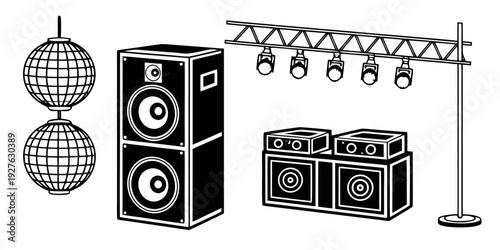 A collection of vintage speakers and stereo equipment on display Vector