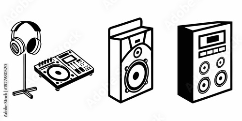 A collection of vintage audio equipment including headphones, vinyl records, a cassette player, and a boombox. Vector