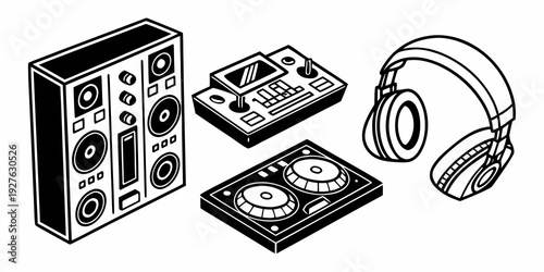 A variety of vintage audio equipment including speakers, turntables, and headphones Vector