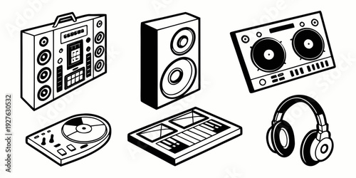 A collection of vintage audio equipment including a turntable, speakers, and a tape deck. Vector