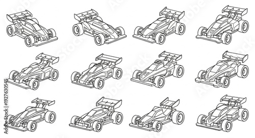 Collection of detailed racing cars in a dynamic illustration, perfect for design.