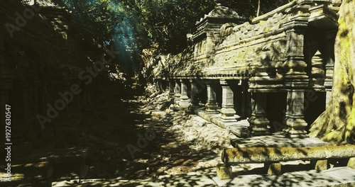 Ancient columns under sunlight shadows, Enigmatic shaded corridor featuring aged stone columns and textured weathered surfaces creating mysterious ambiance