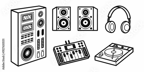 A collection of various audio equipment including speakers, headphones, and a radio. Vector