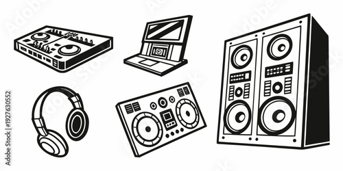 A collection of various audio equipment and devices on a white background. Vector