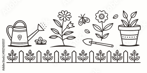 A charming illustration of various gardening tools and plants in a whimsical style Vector