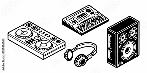 Vintage audio equipment including a turntable, cassette player, and headphones Vector