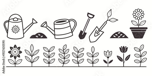 A variety of gardening tools and plants arranged in a row. Vector
