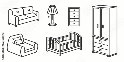 A collection of various types of furniture for a nursery room. Vector