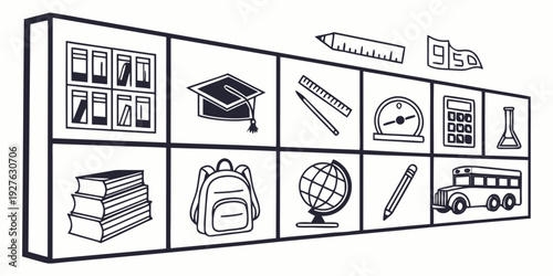 A diverse array of office supplies and equipment neatly organized on shelves Vector