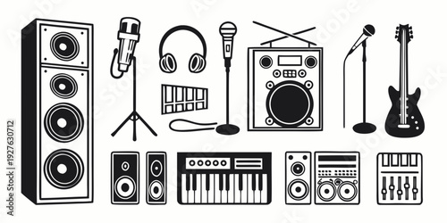 A diverse collection of musical instruments and audio equipment arranged neatly Vector