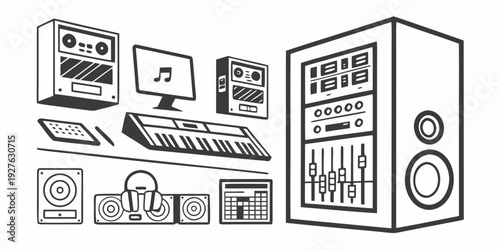 A vintage computer system with various peripherals and media devices. Vector