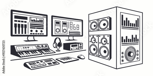 A diverse collection of computer monitors and accessories on a desk. Vector