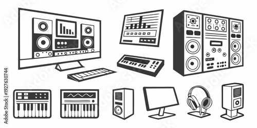 A diverse collection of vintage electronic devices and audio equipment. Vector