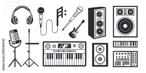 A diverse collection of musical instruments and equipment displayed together Vector