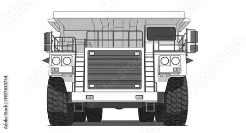 Front view of a massive mining dump truck, heavy equipment.