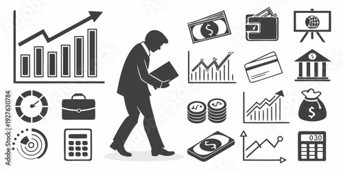 Man overwhelmed by various business and financial elements in a modern office setting Vector