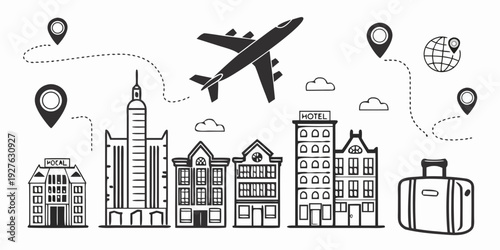 Illustration of a city skyline with various buildings and transportation icons Vector