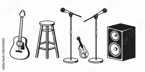 A collection of musical instruments and equipment on a stage setup. Vector