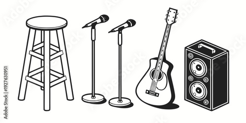 A collection of musical instruments and equipment on a stage Vector