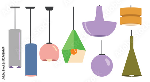A collection of modern hanging light fixtures in various shapes and colors