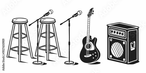 A variety of musical instruments and equipment set up on a stage Vector
