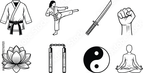Martial arts icons, karate gi, high kick, katana sword, clenched fist, lotus flower, nunchaku, yin‑yang, meditation pose, discipline, flavector