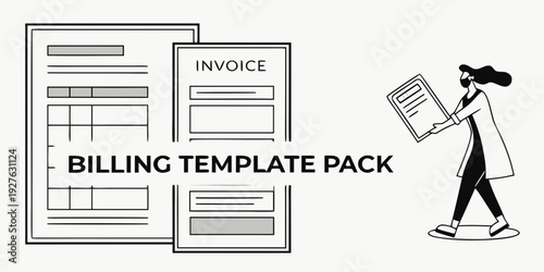 Person holding a clipboard with a billing template pack and invoice forms Vector