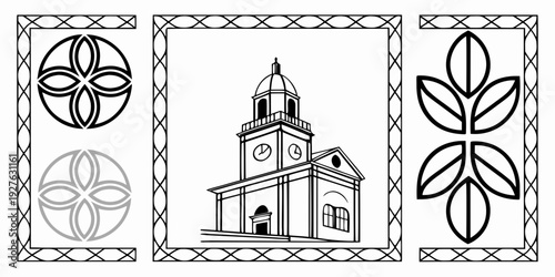 Intricate black and white illustration of religious and nature symbols Vector