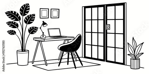 A serene home office setup with a desk, chair, and large windows. Vector