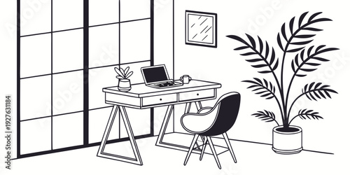 A cozy corner with a desk, chair, and a lush green plant by the window. Vector