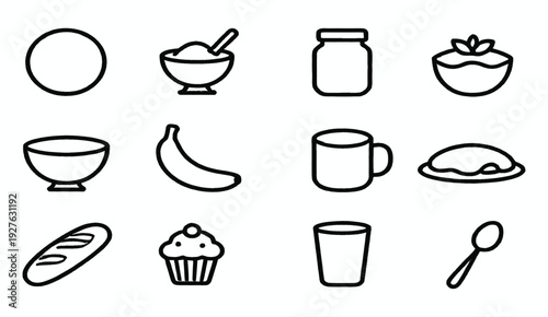Line art icons depicting various food items and kitchen utensils