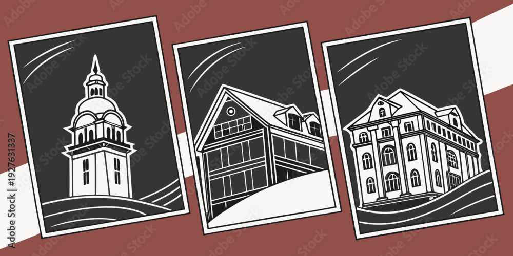 Obraz premium A collage of architectural landmarks featuring a church, a bridge, and a building. Vector