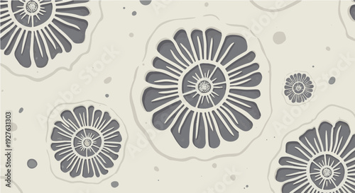 Scattered ammonite fossil illustrations on beige texture for ancient marine life themed backgrounds and prints