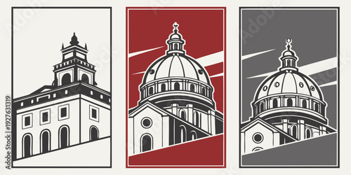 Three distinct architectural buildings showcasing different styles and eras Vector
