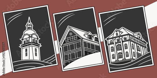 A collage of architectural landmarks featuring a church, a bridge, and a building. Vector