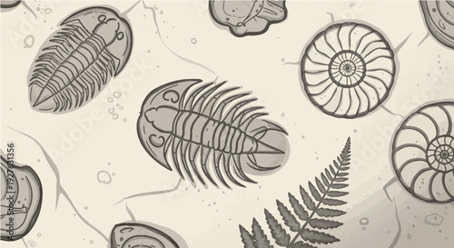 Beige fossil pattern background including trilobites ferns and ammonites for prehistoric educational graphic designs