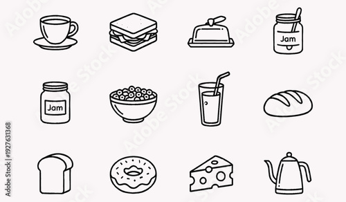 Line art illustration of breakfast and snack food items