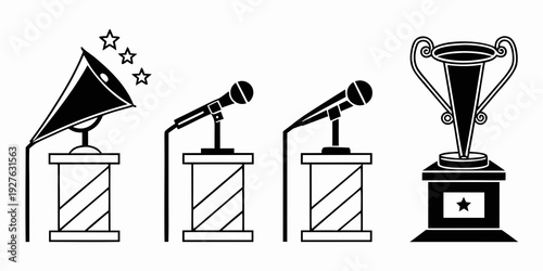 Award ceremony with three speakers and a trophy on a pedestal Vector