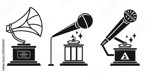 Vintage audio equipment icons showcasing different recording and playback devices. Vector