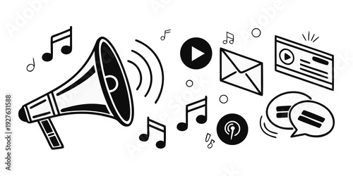 A collection of musical and communication icons including a megaphone, headphones, and musical notes. Vector
