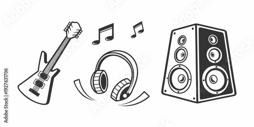 A collection of musical equipment including a guitar, headphones, and speakers. Vector