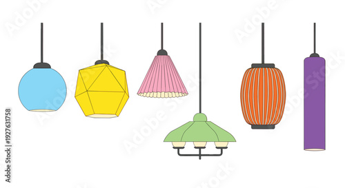 A set of colorful hanging lamps in various shapes and designs