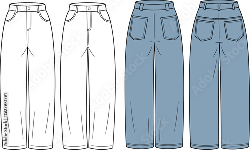 Wide leg jeans vector illustration, front and back view denim pants, high waist trousers flat technical fashion design