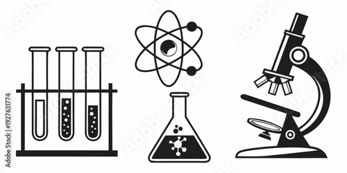 Scientific equipment including beakers, a microscope, and an atom model Vector