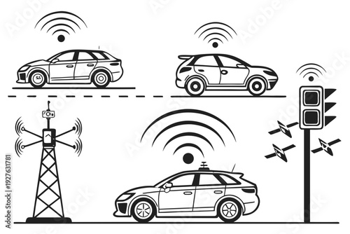 Vehicles communicating with traffic signals and infrastructure for smart city transportation. Vector