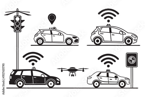 A depiction of various vehicles and devices connected through a wireless network. Vector