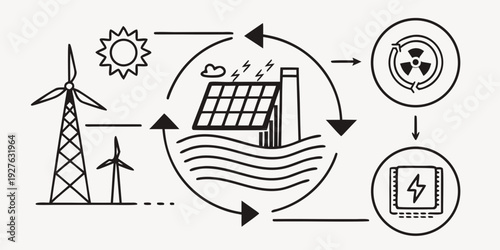 Illustration of renewable energy sources and their integration into a smart grid system Vector