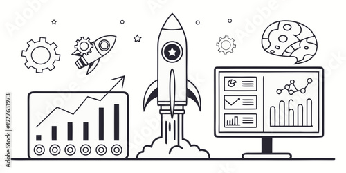 Illustration of a rocket launching towards a bar chart and brain icons. Vector