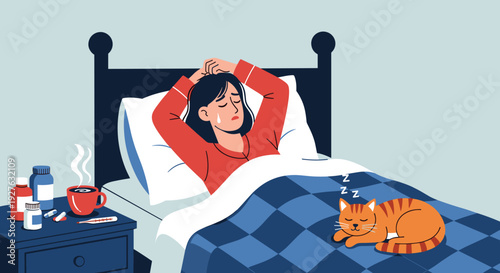 Sick Woman Resting in Bed with Fever, Thermometer and Medicine on Nightstand Cozy Home Illness Care Vector Illustration